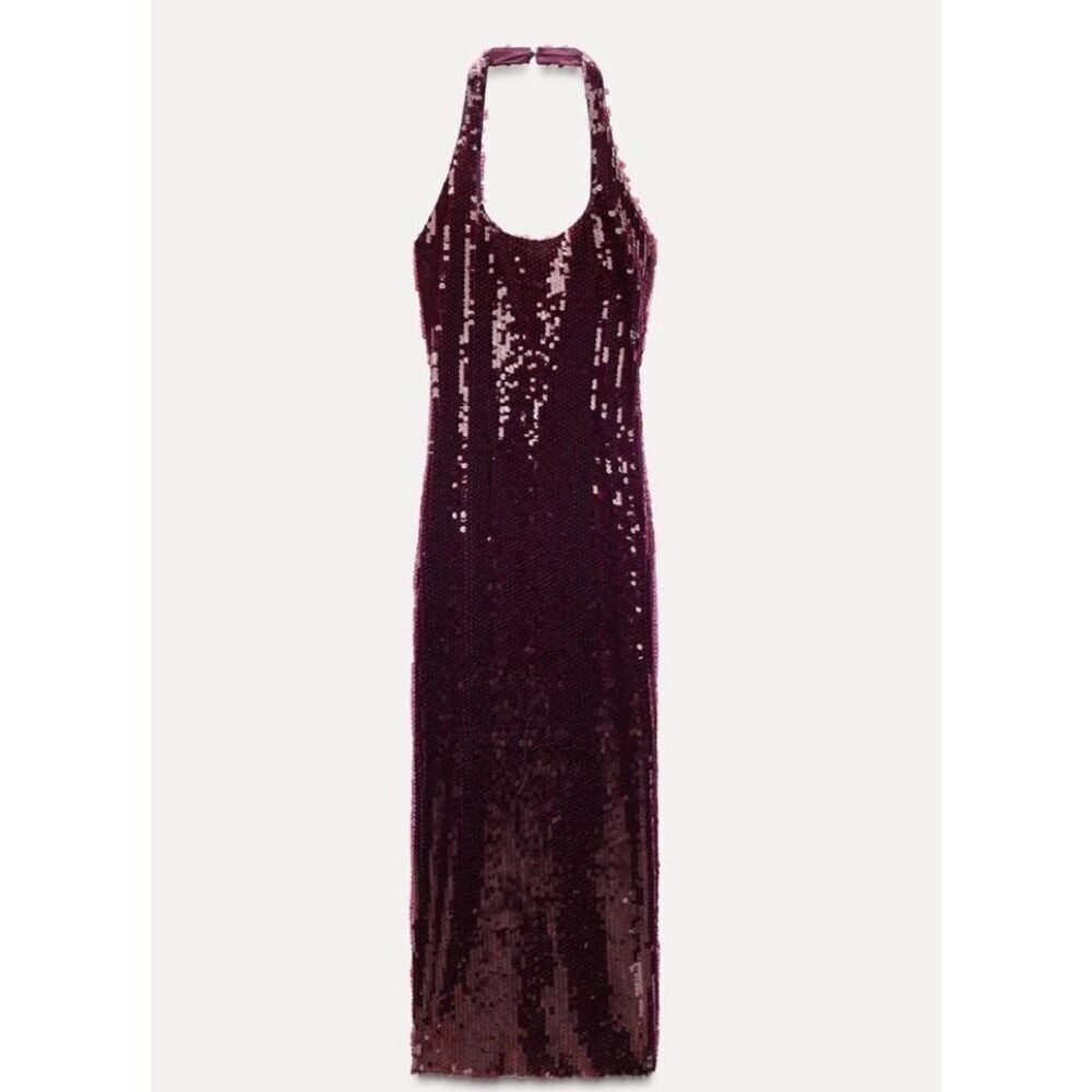 Zara Womens Midi Dress Small Burgundy Red Sequin Halter Neckline 5063/806 NWT